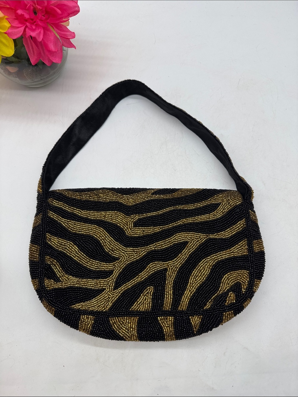 Swee Lo Beaded Black & Gold Zebra-Pattern Shoulder Bag